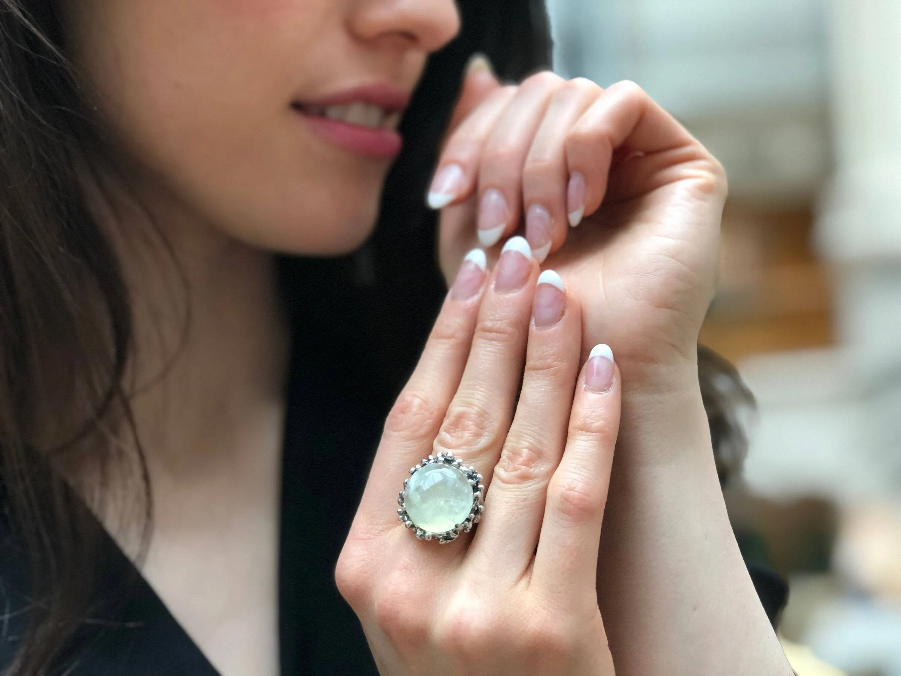 Prehnite Ring - Round Statement Ring - Vintage Prehnite Ring